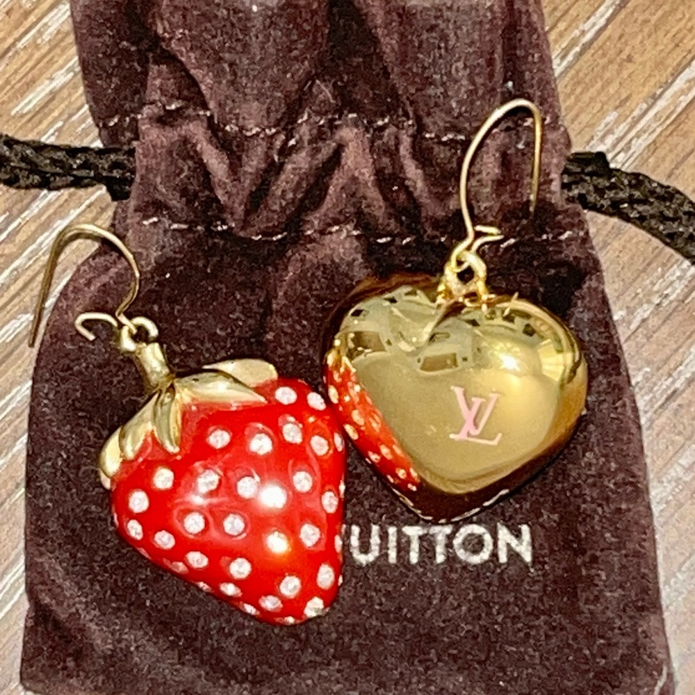LOUIS VUITTON Gold Heart and Red Strawberry Earrings